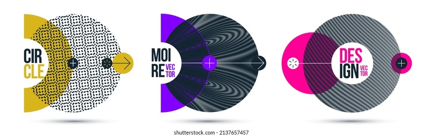 Moire op art elementos de diseño vectorial, afiches de estilo gráfico y banners y folletos conjuntos, arte moderno abstracto con rejilla distorsionada.