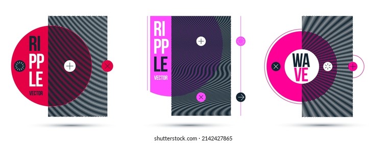 Moire op art vector design elements, graphic style posters and banners and brochures set, abstract modern art with distorted grid.