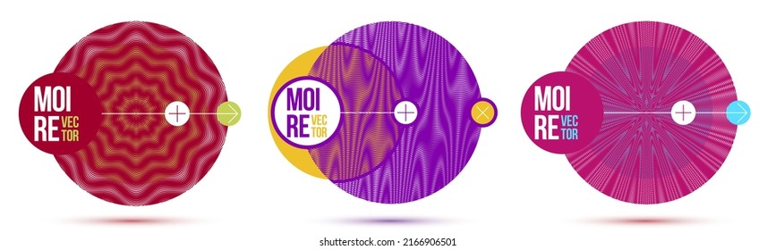 Moire op art vector design elements, graphic style posters and banners and brochures set, abstract modern art with distorted grid.
