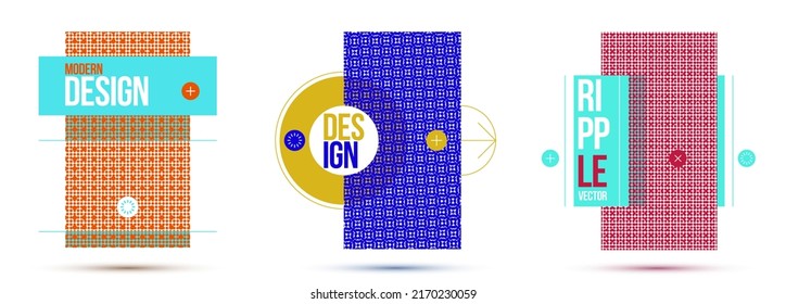 Moire op art elementos de diseño vectorial, afiches de estilo gráfico y banners y folletos conjuntos, arte moderno abstracto con rejilla distorsionada.