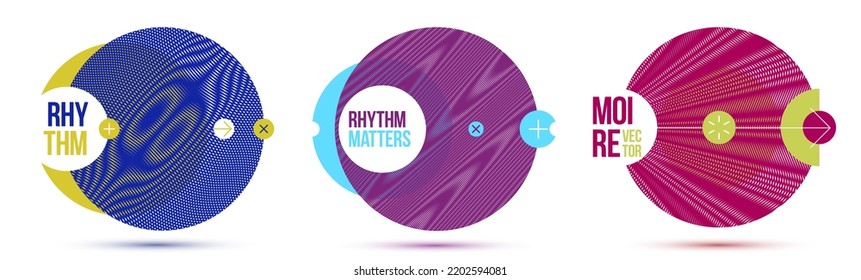 Moire op art elementos de diseño vectorial, afiches de estilo gráfico y banners y folletos conjuntos, arte moderno abstracto con rejilla distorsionada.