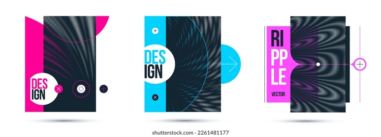 Moire op art vector design elements, graphic style posters and banners and brochures set, abstract modern art with distorted grid.