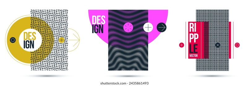 Moire op art elementos de diseño vectorial, carteles de estilo gráfico y banners y folletos conjunto, arte moderno abstracto con cuadrícula distorsionada.