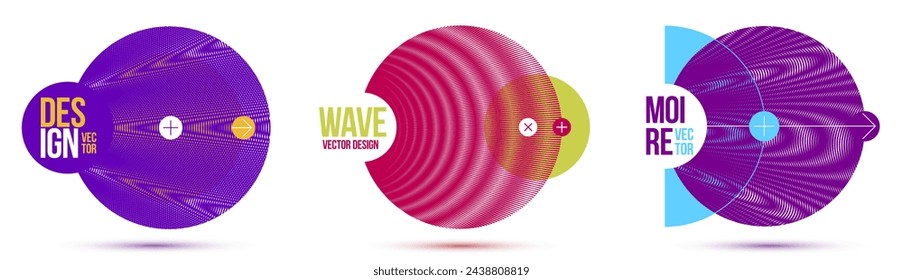 Moire op art vector design elements, graphic style posters and banners and brochures set, abstract modern art with distorted grid.
