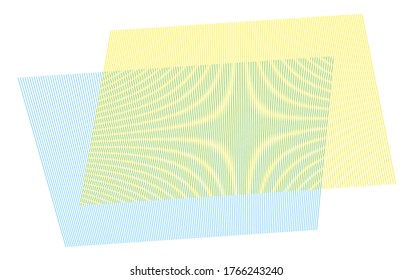 Moire pattern by two overlapping yellow and blue lined planes. Moiré or interference patterns on black background. Vector illustration.
