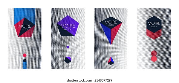 Moire pattern dots vector abstract backgrounds collection, set of vertical templates for design.