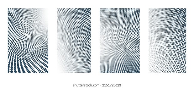 Moire pattern dots vector abstract backgrounds collection, set of vertical templates for design.