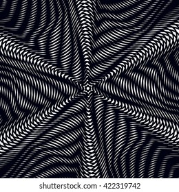 Moire pattern, op art background. Relaxing hypnotic backdrop with geometric black lines. Abstract vector tiling.