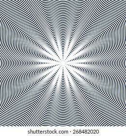 Moire pattern, vector op art background. Hypnotic backdrop with geometric black lines. Abstract tiling.