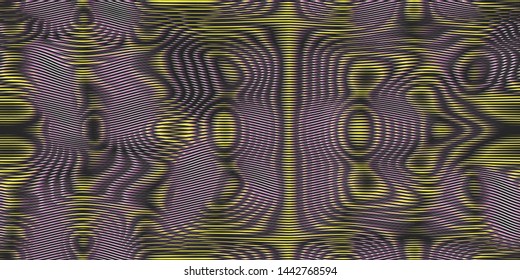 Moire seamless holographic vector background. Moire texture wavy lines optical illusion abstract background. TV screen effect. Distorted 3d black, yellow and pink colored lines wallpaper.
