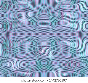 Moire seamless holographic vector background. Moire texture wavy lines optical illusion abstract background. TV screen effect. Distorted 3d blue, pink and black colored lines wallpaper.