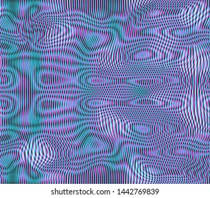 Fondo vectorial holográfico sin fisuras. Textura de Moire líneas onduladas ilusión óptica fondo abstracto. Efecto de pantalla de TV. Papel tapiz de líneas tridimensionadas azul, rosa y negra.