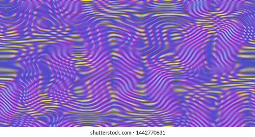 Moire seamless holographic vector background. Moire texture wavy lines optical illusion abstract background. TV screen effect. Distorted 3d purple, pink and yellow colored lines wallpaper.