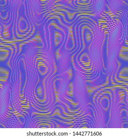 Moire seamless holographic vector background. Moire texture wavy lines optical illusion abstract background. TV screen effect. Distorted 3d purple, pink and yellow colored lines wallpaper.