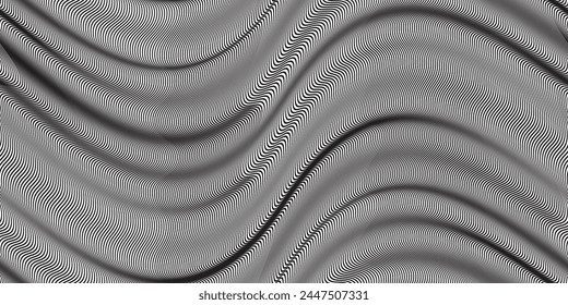 Moire seamless pattern with folds imitation. Optical effect of surreal psychedelic texture. Black and white abstract bg with waves. Simple pattern with lines