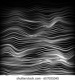 Moire Texture Vector. Twisted Stripes Like Optical Illusion. Modern Creative Backdrop. Distorted Wavy Background.
