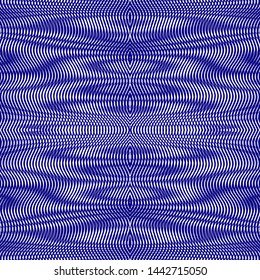 Moire texture wavy lines optical illusion abstract background. Distorted shape lines wallpaper, websites, business card, accessories for phones and tablet, title page, image for blog. Phantom blue.