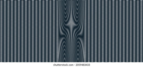 Moire vector abstract background, linear contrast virtual digital effect image, hypnotic texture, optical art trendy modern style, black and white distorted grid.