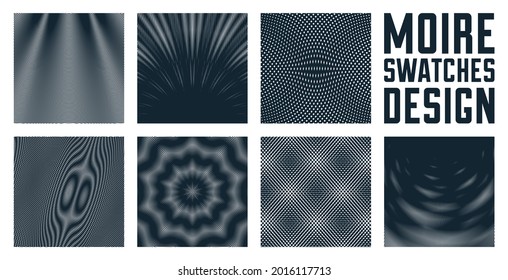 Moire vector abstract backgrounds set, linear contrast virtual digital effect images, hypnotic texture, optical art trendy modern style, black and white distorted grid.