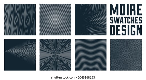 Moire vector abstract backgrounds set, linear contrast virtual digital effect images, hypnotic texture, optical art trendy modern style, black and white distorted grid.