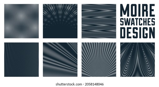 Moire vector abstract backgrounds set, linear contrast virtual digital effect images, hypnotic texture, optical art trendy modern style, black and white distorted grid.