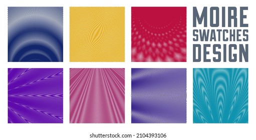 Moire vector abstract backgrounds set, linear contrast virtual digital effect images, hypnotic texture, optical art trendy modern style, color distorted grid.