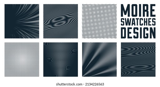 Moire vector abstract backgrounds set, linear contrast virtual digital effect images, hypnotic texture, optical art trendy modern style, black and white distorted grid.