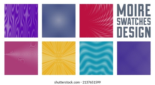 Moire vector abstract backgrounds set, linear contrast virtual digital effect images, hypnotic texture, optical art trendy modern style, color distorted grid.