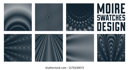 Moire vector abstract backgrounds set, linear contrast virtual digital effect images, hypnotic texture, optical art trendy modern style, black and white distorted grid.