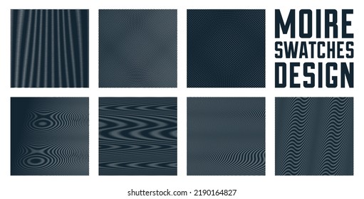 Moire vector abstract backgrounds set, linear contrast virtual digital effect images, hypnotic texture, optical art trendy modern style, black and white distorted grid.