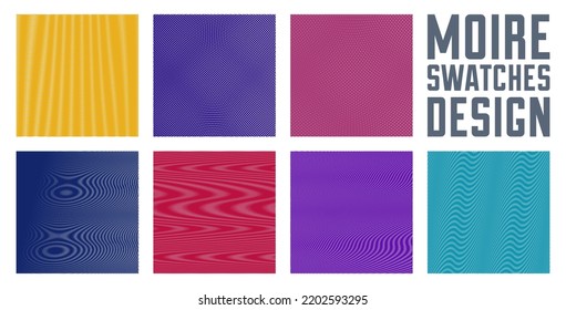 Moire vector abstract backgrounds set, linear contrast virtual digital effect images, hypnotic texture, optical art trendy modern style, color distorted grid.