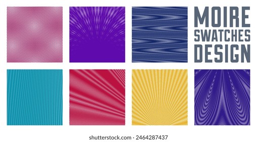 Moire vector abstract backgrounds set, linear contrast virtual digital effect images, hypnotic texture, optical art trendy modern style, color distorted grid.