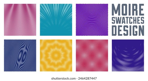 Moire vector abstract backgrounds set, linear contrast virtual digital effect images, hypnotic texture, optical art trendy modern style, color distorted grid.