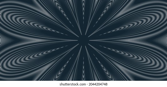 Moire wave vector abstract background, linear contrast virtual digital effect image, hypnotic texture, optical art trendy modern style, black and white distorted grid.