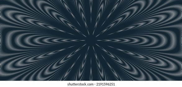 Moire Wave Vector Abstract Background, Linear Contrast Virtual Digital Effect Image, Hypnotic Texture, Optical Art Trendy Modern Style, Black And White Distorted Grid.