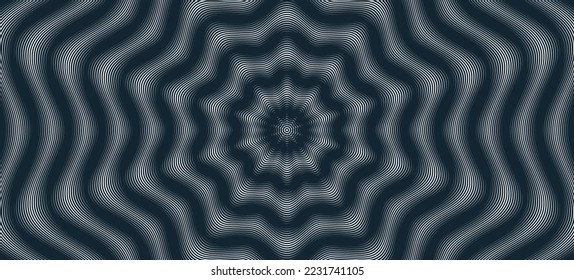 Moire wave vector abstract background, linear contrast virtual digital effect image, hypnotic texture, optical art trendy modern style, black and white distorted grid.