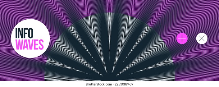 Moire wave vector abstract background, linear contrast virtual digital effect image, hypnotic texture, optical art trendy modern style, black and white distorted grid.