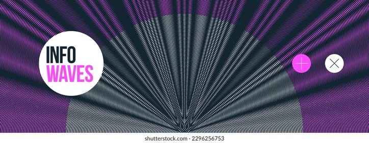 Moire wave vector abstract background, linear contrast virtual digital effect image, hypnotic texture, optical art trendy modern style, black and white distorted grid.