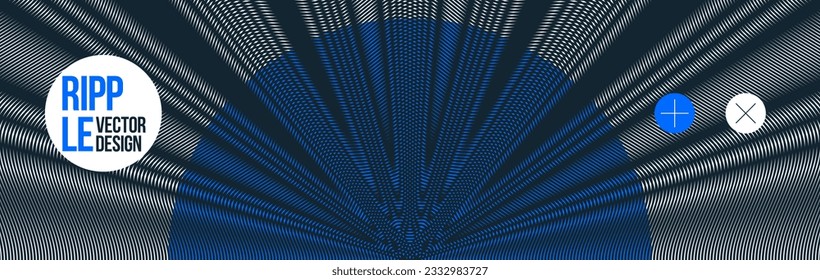 Moire wave vector abstract background, linear contrast virtual digital effect image, hypnotic texture, optical art trendy modern style, black and white distorted grid.