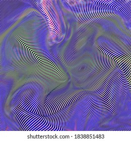 Moire waves. Twisted stripes optical illusion. Vector warped lines glitch background. Modern abstract creative illustration with multicolored bended stripes. 