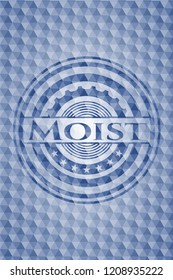 Moist blue emblem or badge with abstract geometric pattern background.
