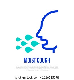 Moist cough thin line icon. Symptom of adenovirus. Healthcare and medical vector illustration.