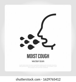 Moist cough thin line icon. Symptom of adenovirus. Healthcare and medical vector illustration.