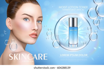 moist lotion toner contained in bottle, with model and bubble elements, 3d illustration 