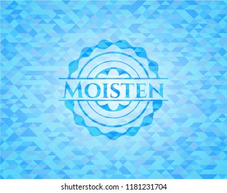 Moisten sky blue emblem with triangle mosaic background