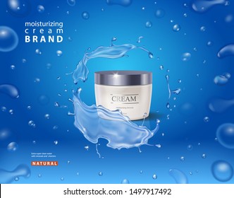 Moisturaizing cream jar realistic container in water splash on blue background.