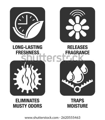 Moisture absorber features icons set - Traps moisture, Eliminates musty odors, Releases fragrance, Long-lasting freshness. Pictograms for labeling in monochrome style
