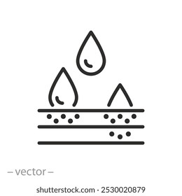 ícone absorvente de umidade, 3 camadas tecido macio, propriedades de absorção de água, úmido wicking, conceito de fralda, linha fina ilustração de vetor