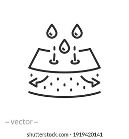 Icono de la piel de absorción de humedad, cosmético de cuidado de la piel, capa húmeda nutritiva, proceso de cuidado suave, loción o gel, penetración de gota de agua a través de poros, símbolo web de línea delgada, vector de trazo editable 