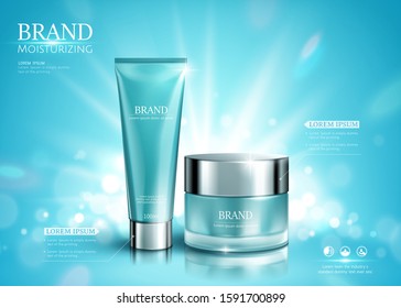 Moisture blue cosmetic set ads with shimmering effect in 3d illustration